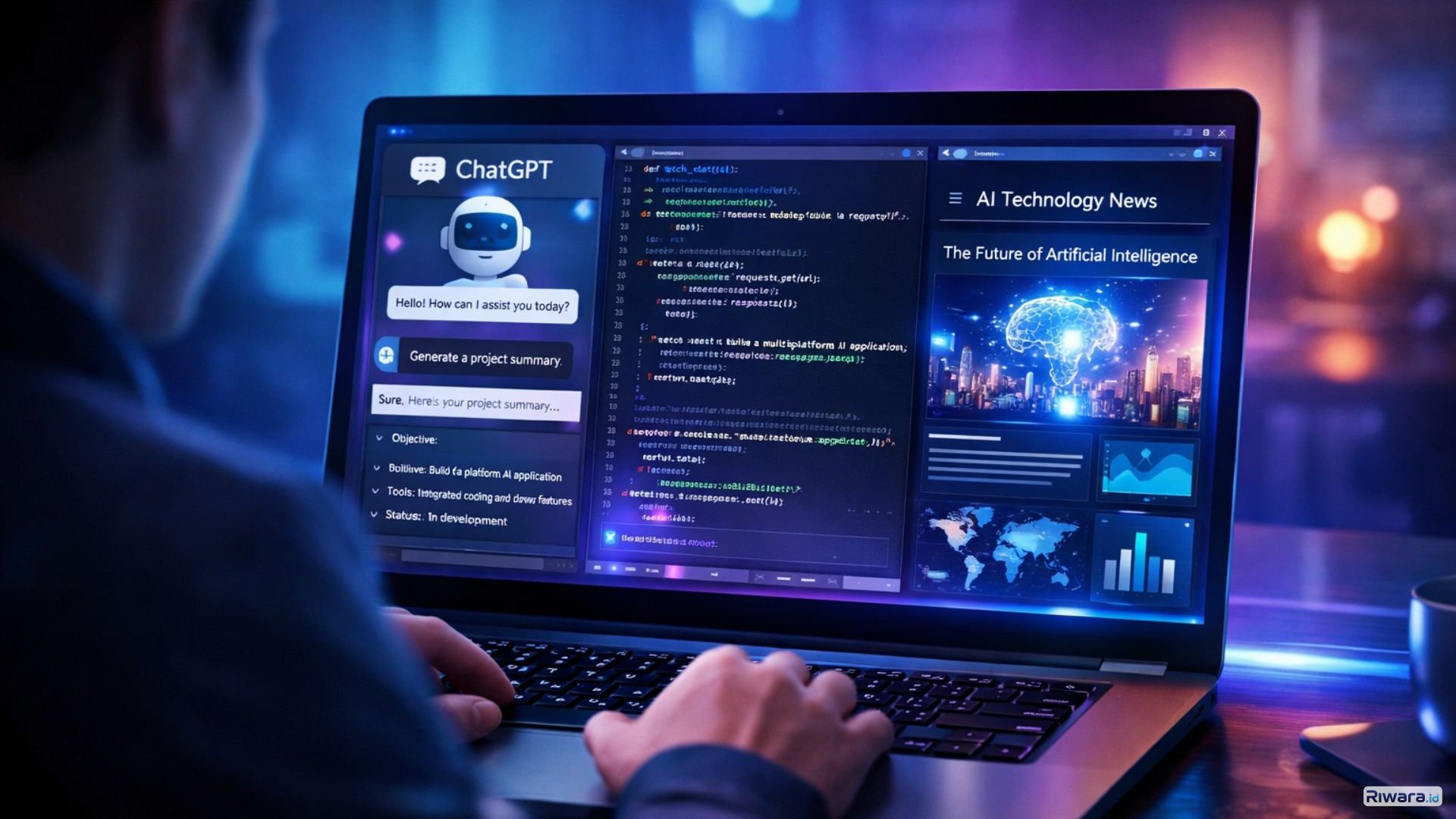 Ilustrasi aplikasi terpadu berbasis AI yang tengah dikembangkan OpenAI, menggabungkan ChatGPT, alat coding, dan browser dalam satu platform untuk meningkatkan produktivitas pengguna.